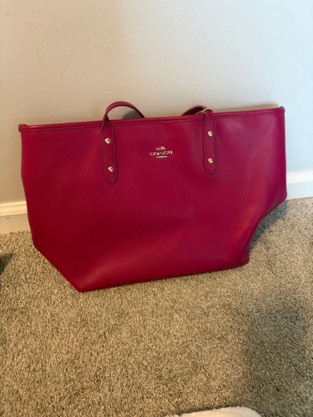 Coach Fuchsia Leather Tote with Gold Hardware